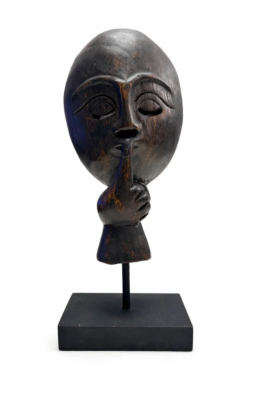Hand-Carved Wooden “Shh” Mask Sculpture on Stand – African Style Art Decor